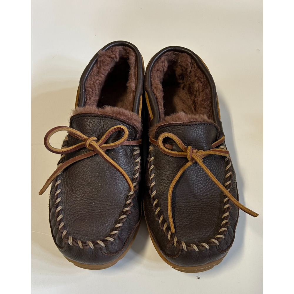LL Bean Unisex Wicked Good Moccasins Brown Leather hide Shearling Slippers Sz 7